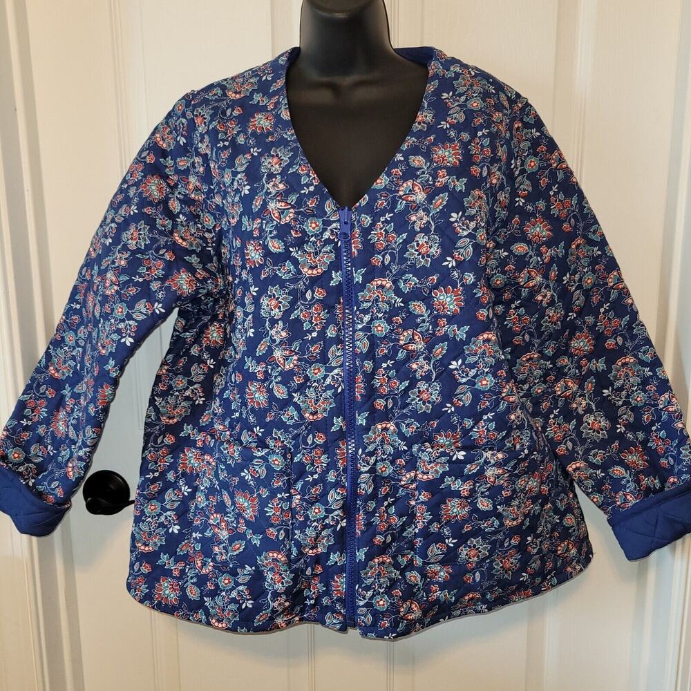 Passage Reversible Quilted Jacket Large Blue Floral Full Zip Cottage Boho Spring